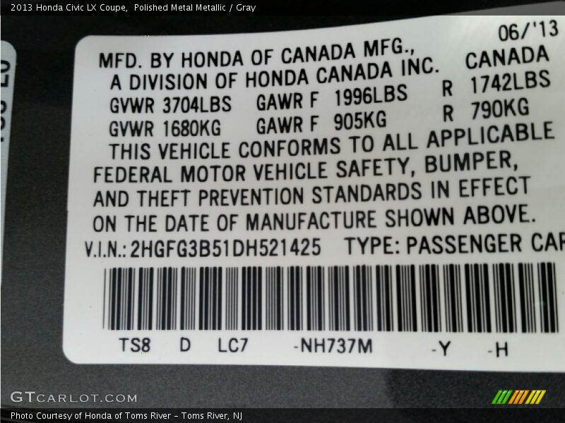 Polished Metal Metallic / Gray 2013 Honda Civic LX Coupe