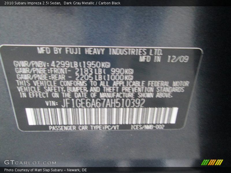 Dark Gray Metallic / Carbon Black 2010 Subaru Impreza 2.5i Sedan