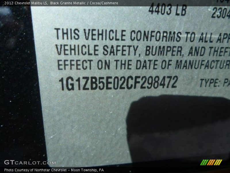 Black Granite Metallic / Cocoa/Cashmere 2012 Chevrolet Malibu LS