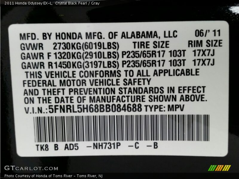 Crystal Black Pearl / Gray 2011 Honda Odyssey EX-L