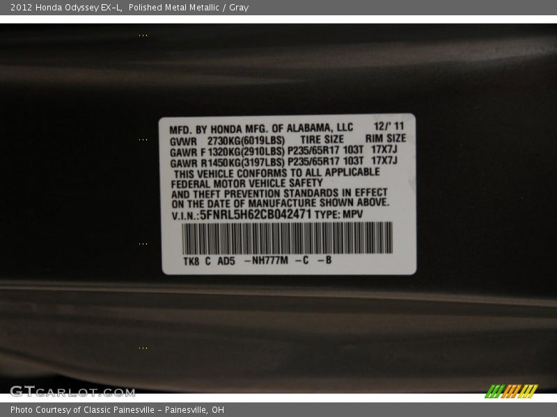 Polished Metal Metallic / Gray 2012 Honda Odyssey EX-L
