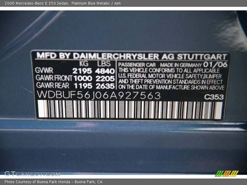 2006 E 350 Sedan Platinum Blue Metallic Color Code 353