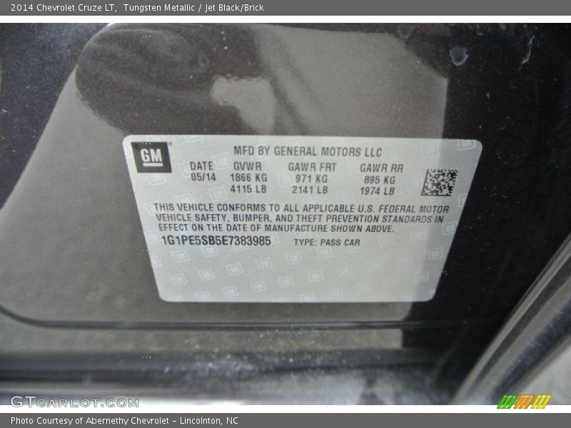Tungsten Metallic / Jet Black/Brick 2014 Chevrolet Cruze LT