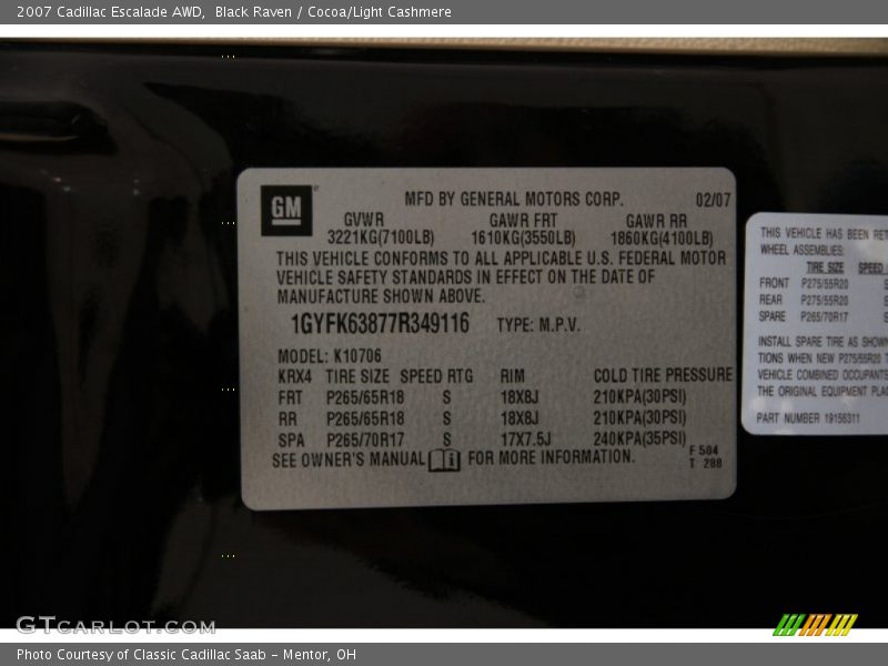 Black Raven / Cocoa/Light Cashmere 2007 Cadillac Escalade AWD
