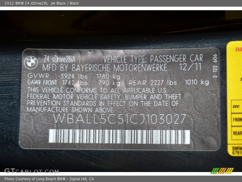 Jet Black / Black 2012 BMW Z4 sDrive28i