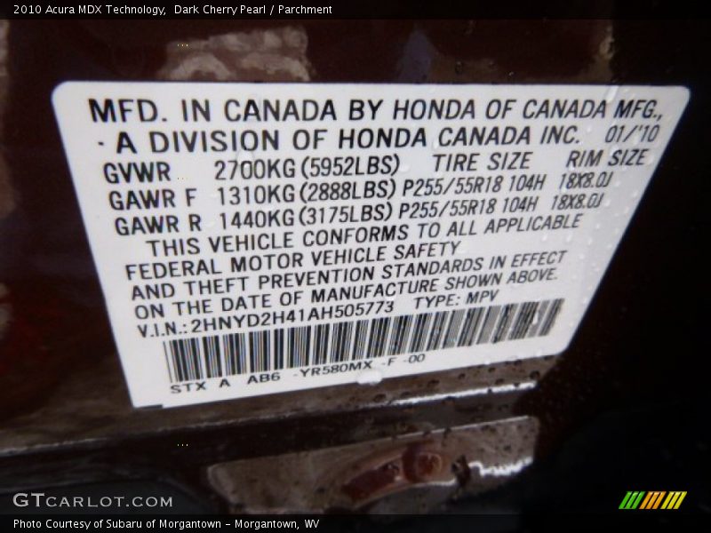 Dark Cherry Pearl / Parchment 2010 Acura MDX Technology