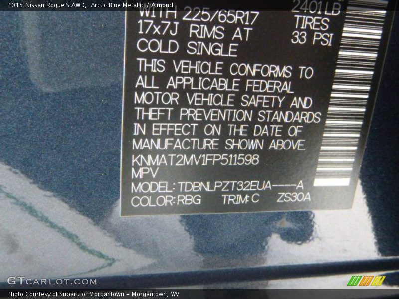 2015 Rogue S AWD Arctic Blue Metallic Color Code RBG