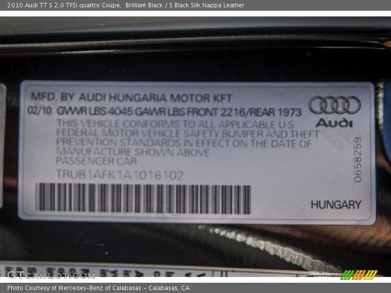 Brilliant Black / S Black Silk Nappa Leather 2010 Audi TT S 2.0 TFSI quattro Coupe
