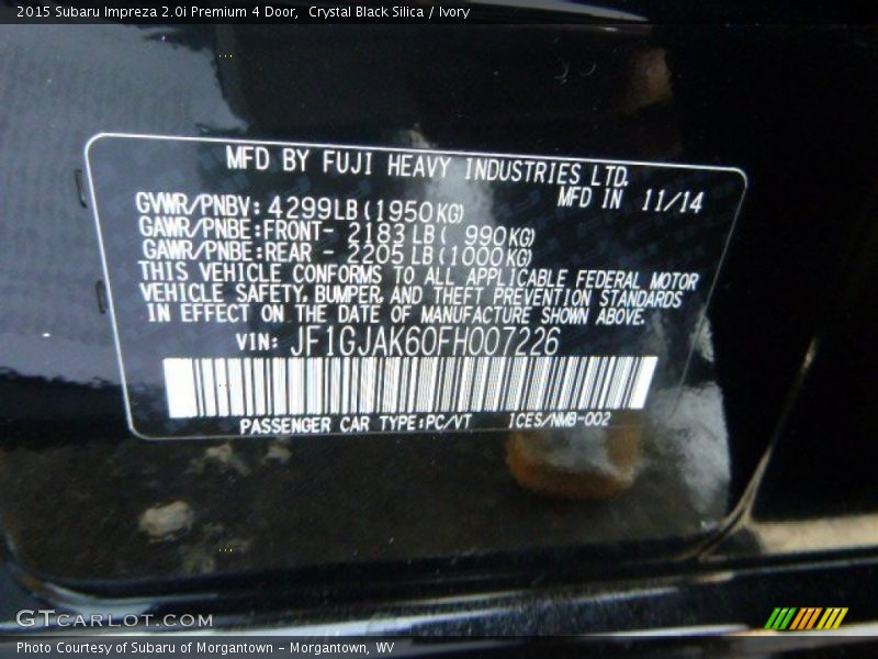 Crystal Black Silica / Ivory 2015 Subaru Impreza 2.0i Premium 4 Door