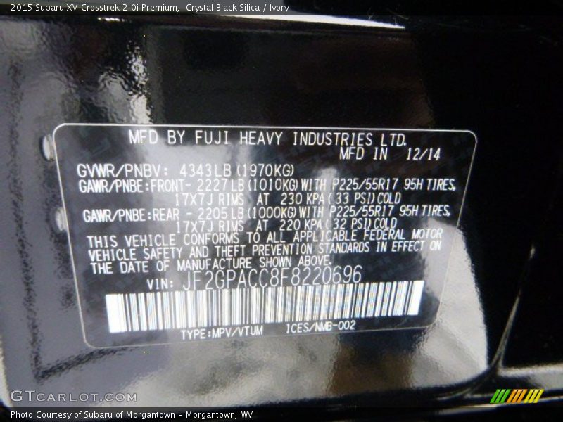 Crystal Black Silica / Ivory 2015 Subaru XV Crosstrek 2.0i Premium