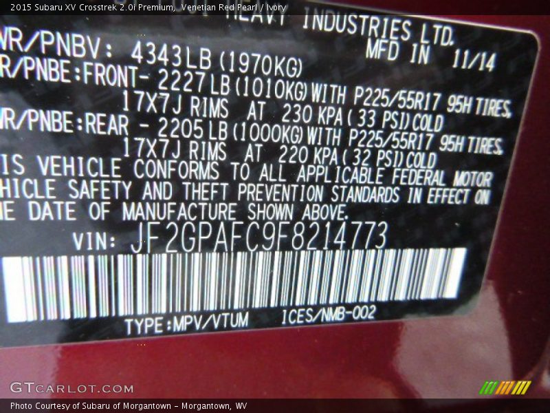 Venetian Red Pearl / Ivory 2015 Subaru XV Crosstrek 2.0i Premium