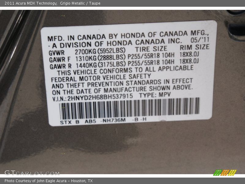 Grigio Metallic / Taupe 2011 Acura MDX Technology