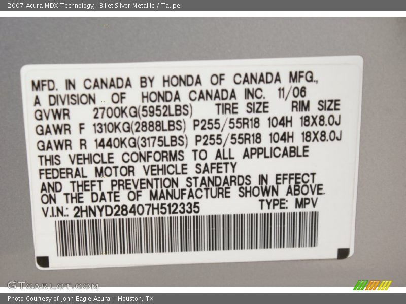 Billet Silver Metallic / Taupe 2007 Acura MDX Technology