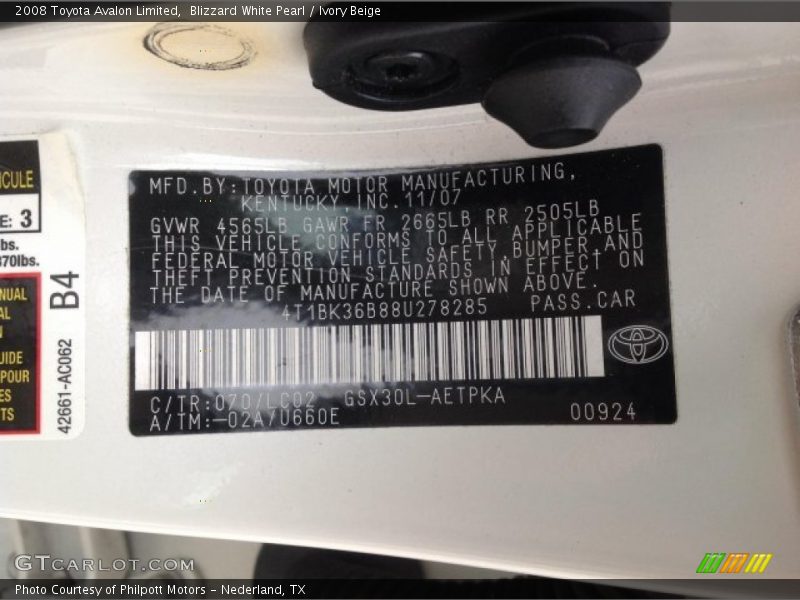Blizzard White Pearl / Ivory Beige 2008 Toyota Avalon Limited
