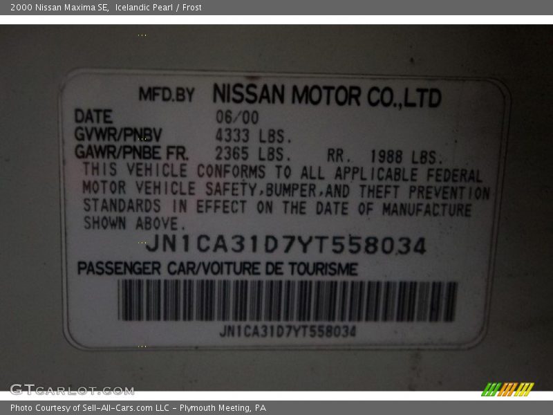 Icelandic Pearl / Frost 2000 Nissan Maxima SE