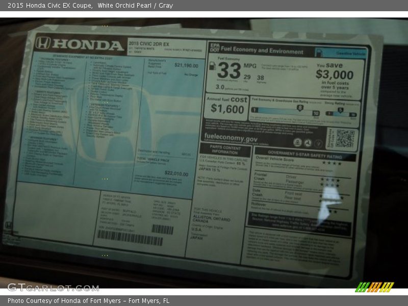 White Orchid Pearl / Gray 2015 Honda Civic EX Coupe