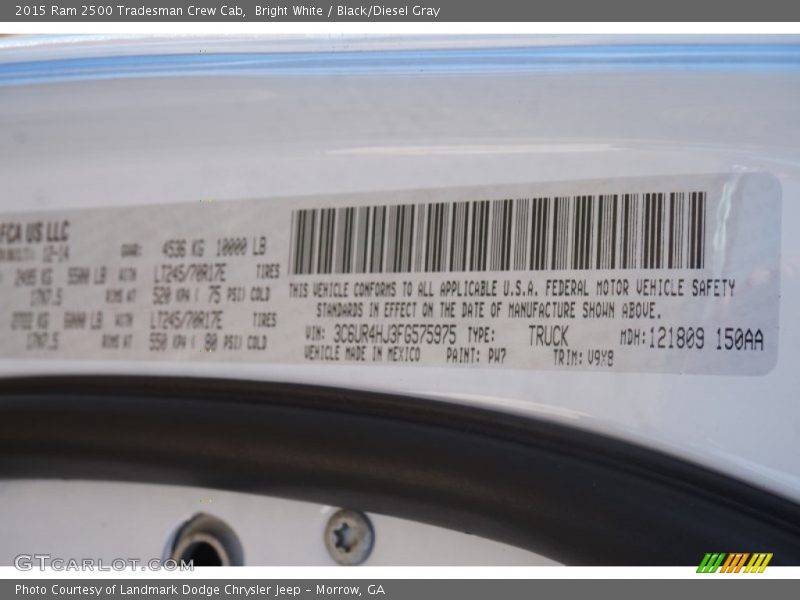 2015 2500 Tradesman Crew Cab Bright White Color Code PW7