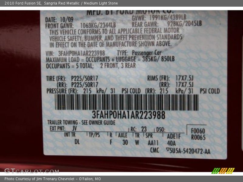 2010 Fusion SE Sangria Red Metallic Color Code JV