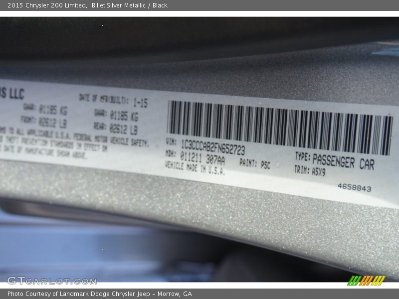 Billet Silver Metallic / Black 2015 Chrysler 200 Limited