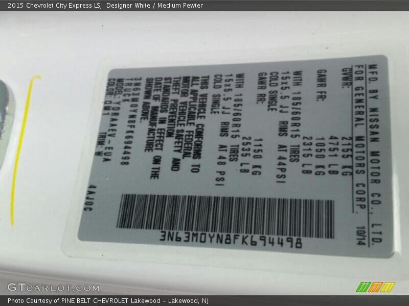 Designer White / Medium Pewter 2015 Chevrolet City Express LS