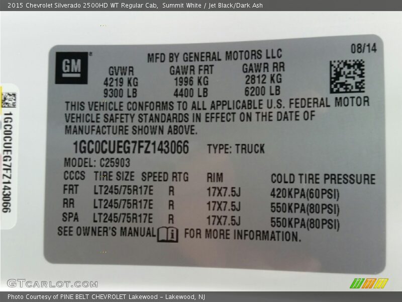 Summit White / Jet Black/Dark Ash 2015 Chevrolet Silverado 2500HD WT Regular Cab