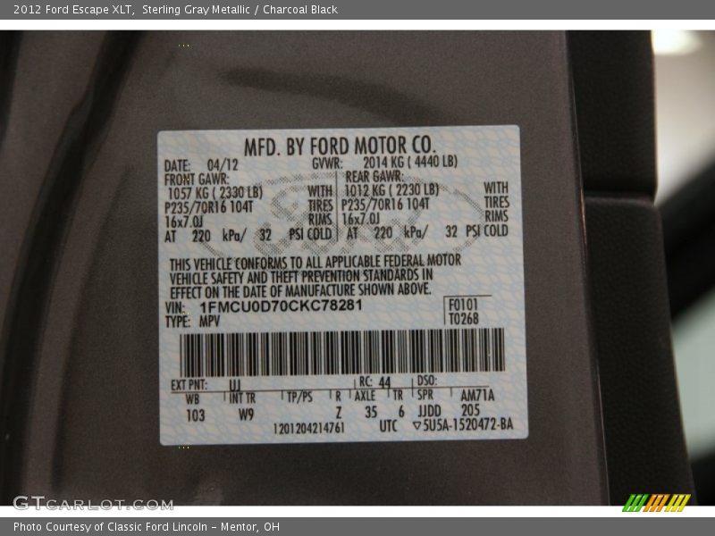 Sterling Gray Metallic / Charcoal Black 2012 Ford Escape XLT