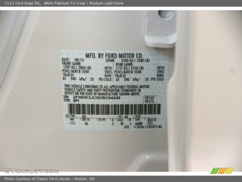 White Platinum Tri-Coat / Medium Light Stone 2013 Ford Edge SEL