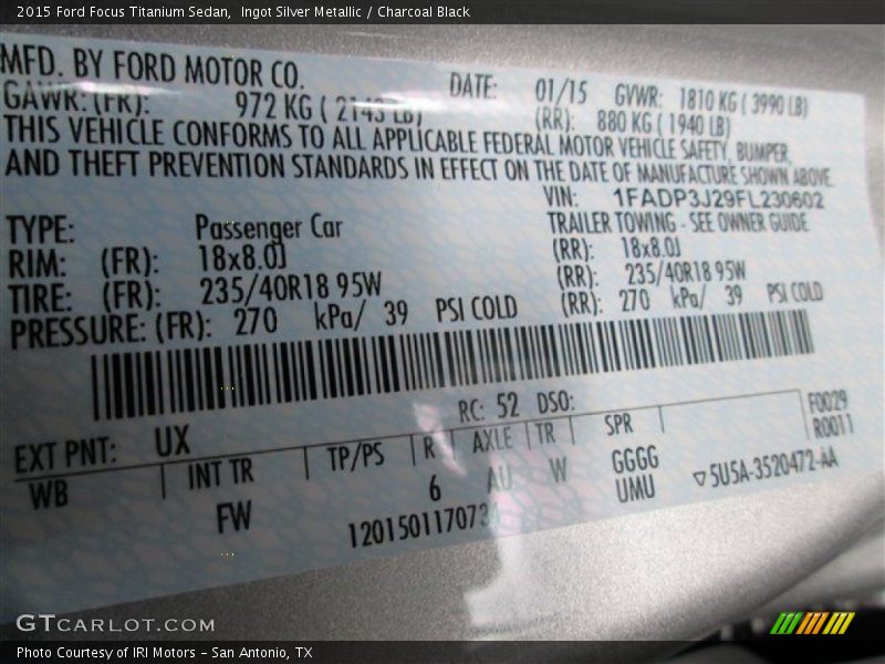 2015 Focus Titanium Sedan Ingot Silver Metallic Color Code UX