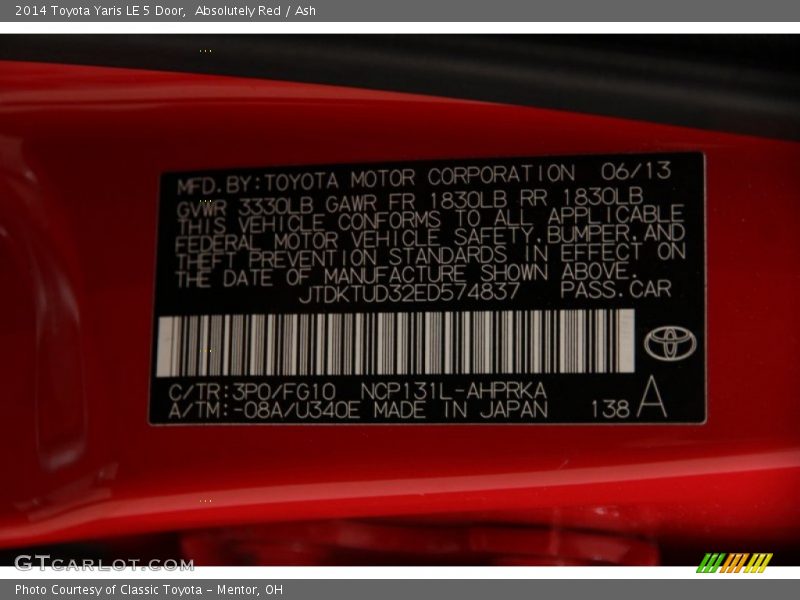 Absolutely Red / Ash 2014 Toyota Yaris LE 5 Door