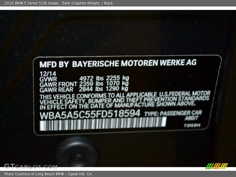 Dark Graphite Metallic / Black 2015 BMW 5 Series 528i Sedan