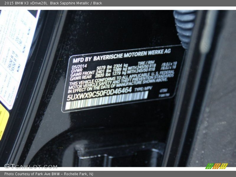 Black Sapphire Metallic / Black 2015 BMW X3 xDrive28i