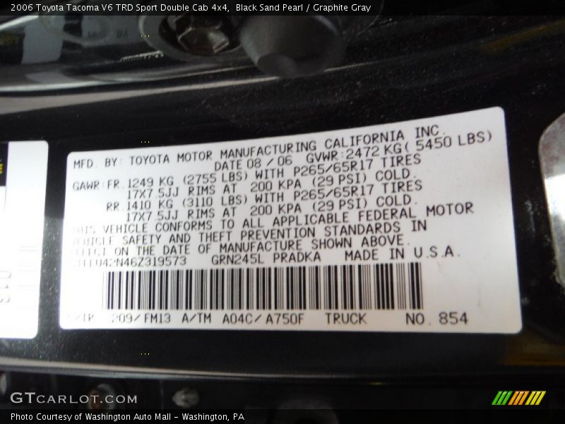 Black Sand Pearl / Graphite Gray 2006 Toyota Tacoma V6 TRD Sport Double Cab 4x4