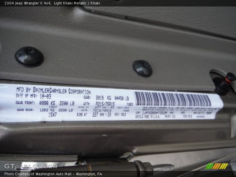 2004 Wrangler X 4x4 Light Khaki Metallic Color Code PJC