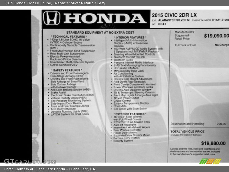 Alabaster Silver Metallic / Gray 2015 Honda Civic LX Coupe