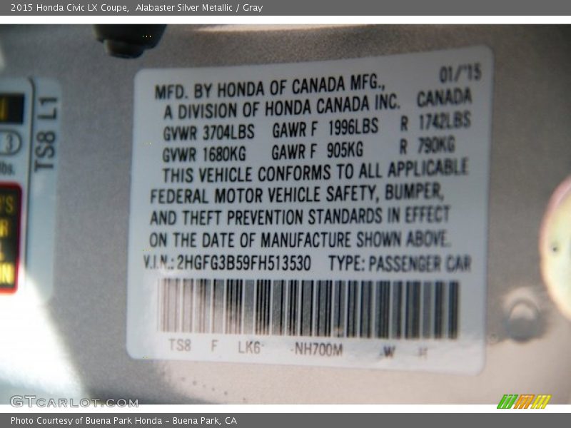 Alabaster Silver Metallic / Gray 2015 Honda Civic LX Coupe