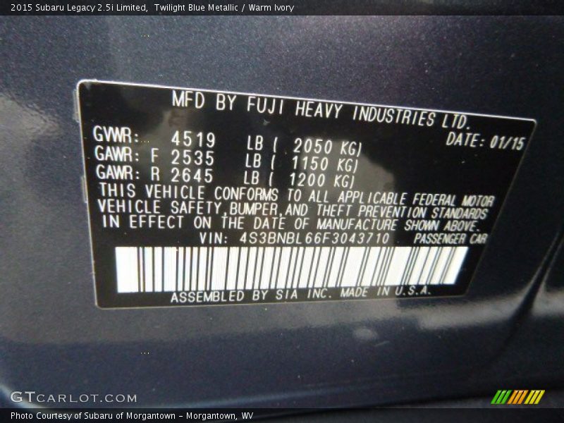 Twilight Blue Metallic / Warm Ivory 2015 Subaru Legacy 2.5i Limited