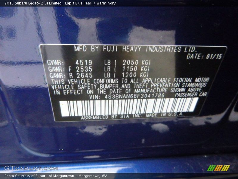 Lapis Blue Pearl / Warm Ivory 2015 Subaru Legacy 2.5i Limited