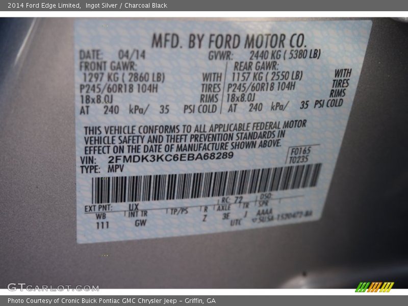 Ingot Silver / Charcoal Black 2014 Ford Edge Limited