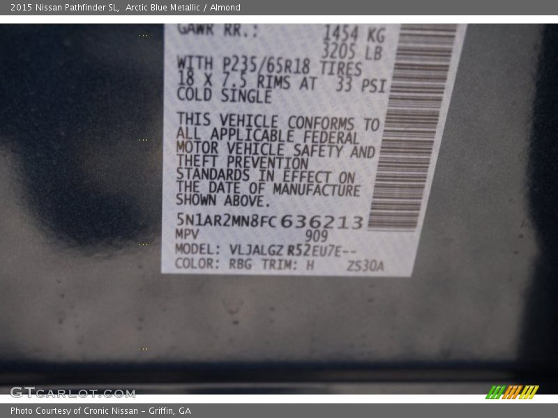 2015 Pathfinder SL Arctic Blue Metallic Color Code RBG
