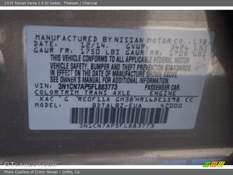 2015 Versa 1.6 SV Sedan Titanium Color Code KAC