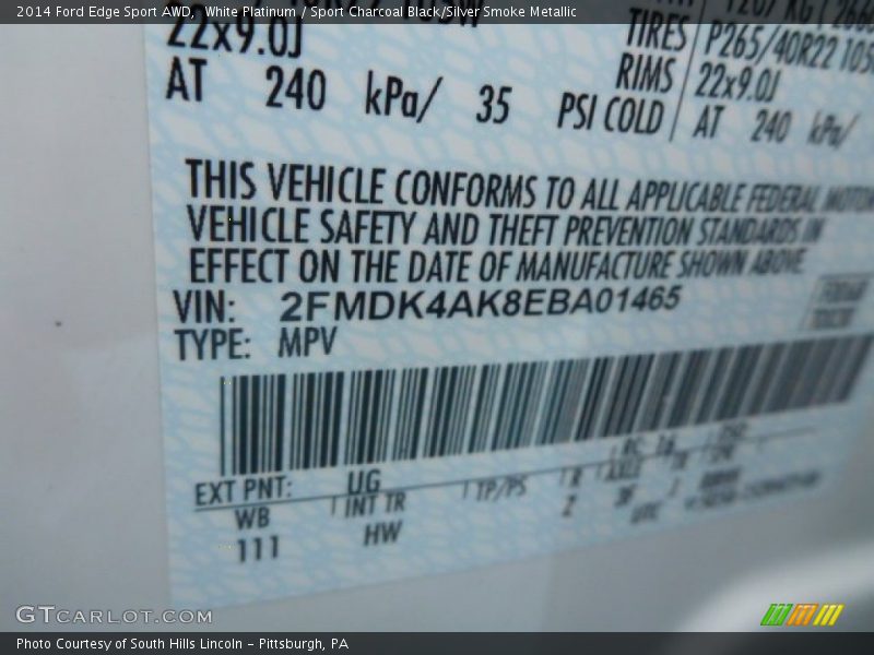 White Platinum / Sport Charcoal Black/Silver Smoke Metallic 2014 Ford Edge Sport AWD
