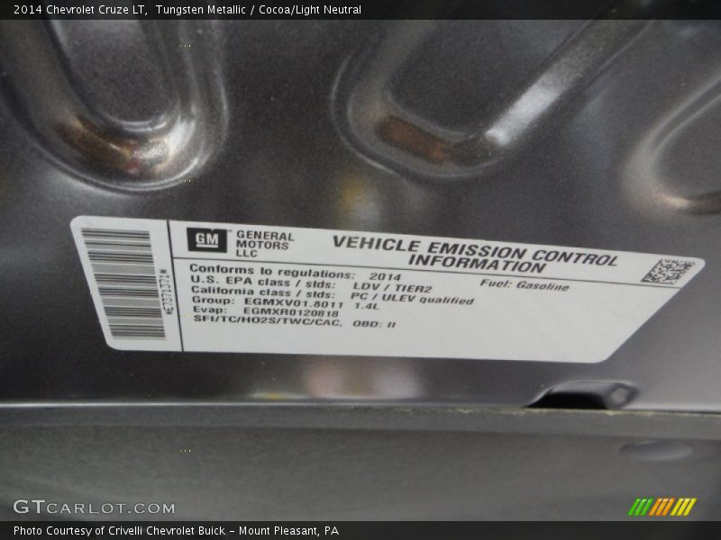 Tungsten Metallic / Cocoa/Light Neutral 2014 Chevrolet Cruze LT