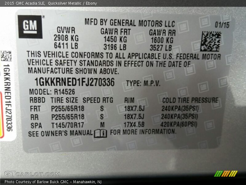 Quicksilver Metallic / Ebony 2015 GMC Acadia SLE