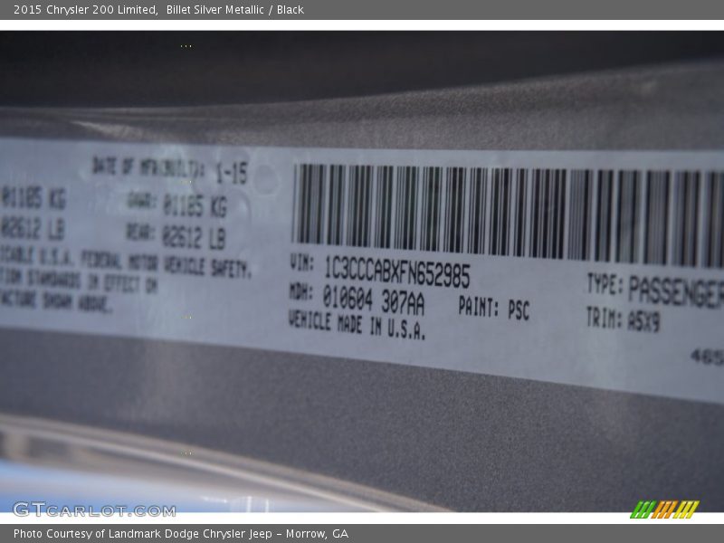 Billet Silver Metallic / Black 2015 Chrysler 200 Limited