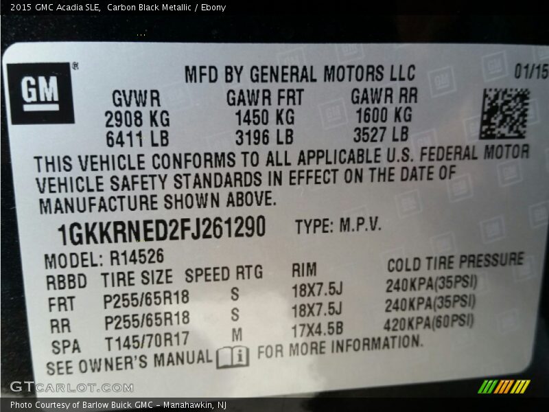 Carbon Black Metallic / Ebony 2015 GMC Acadia SLE