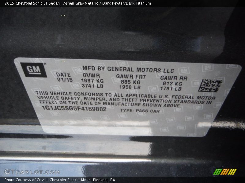 Ashen Gray Metallic / Dark Pewter/Dark Titanium 2015 Chevrolet Sonic LT Sedan