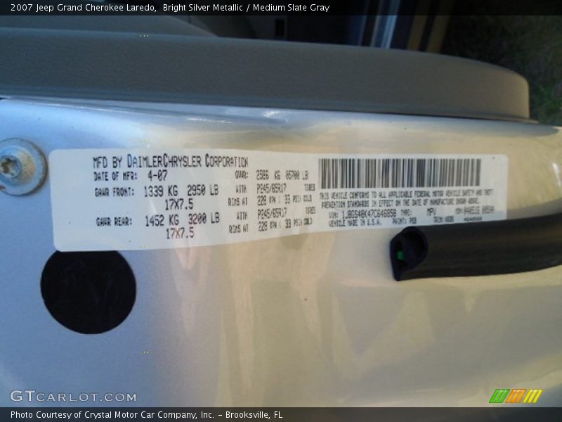 Bright Silver Metallic / Medium Slate Gray 2007 Jeep Grand Cherokee Laredo