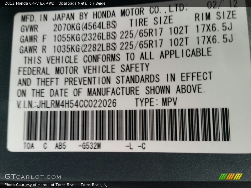 Opal Sage Metallic / Beige 2012 Honda CR-V EX 4WD