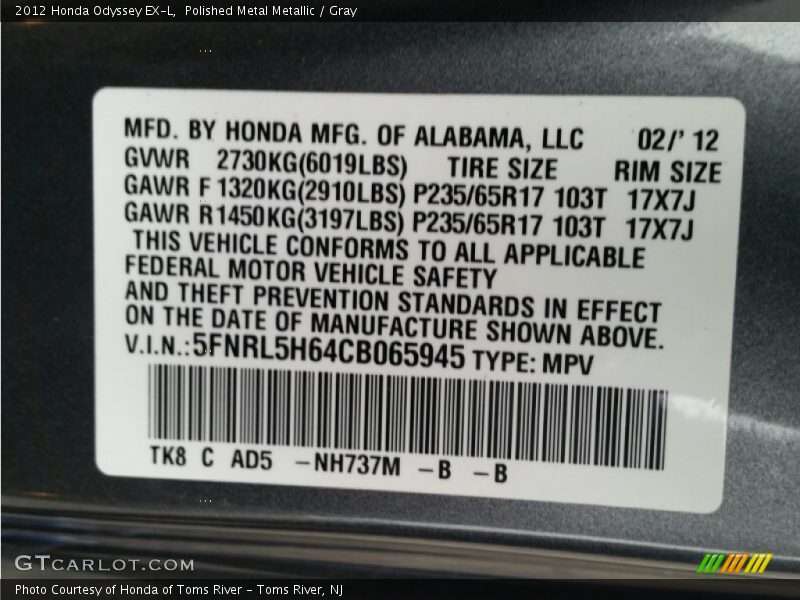 Polished Metal Metallic / Gray 2012 Honda Odyssey EX-L