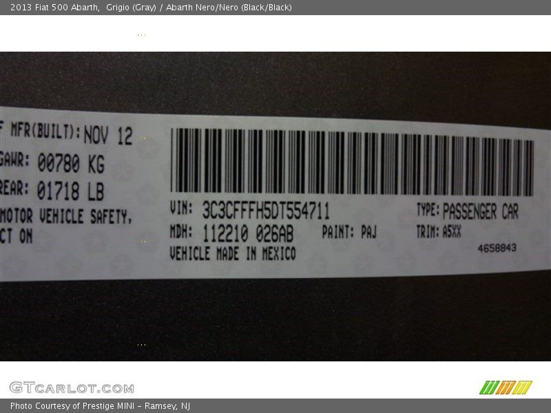 Grigio (Gray) / Abarth Nero/Nero (Black/Black) 2013 Fiat 500 Abarth